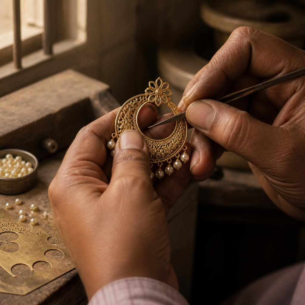 Traditional Indian jewellery being finished on a workbench