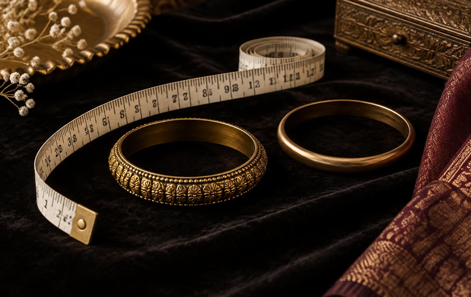 Two fashion bangles arranged beside a flexible measuring tape on black velvet