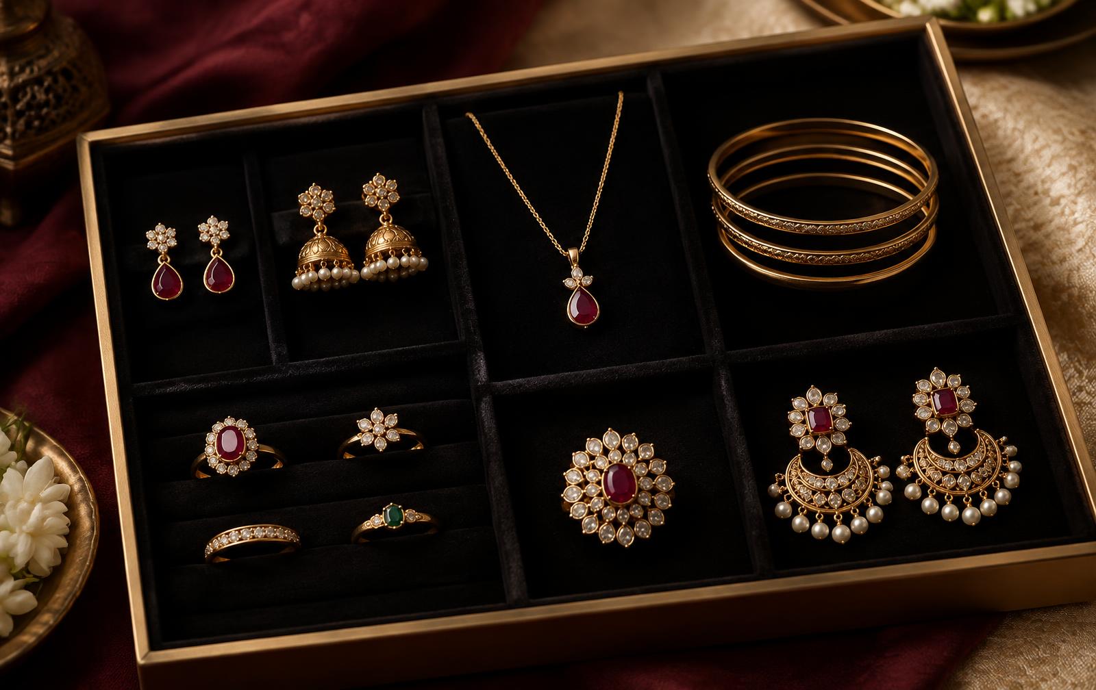 A curated fashion jewellery collection organised in a divided black velvet tray