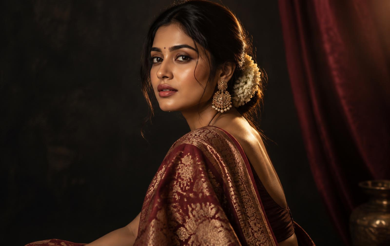 Woman in a maroon sari wearing ornate drop earrings in a studio portrait