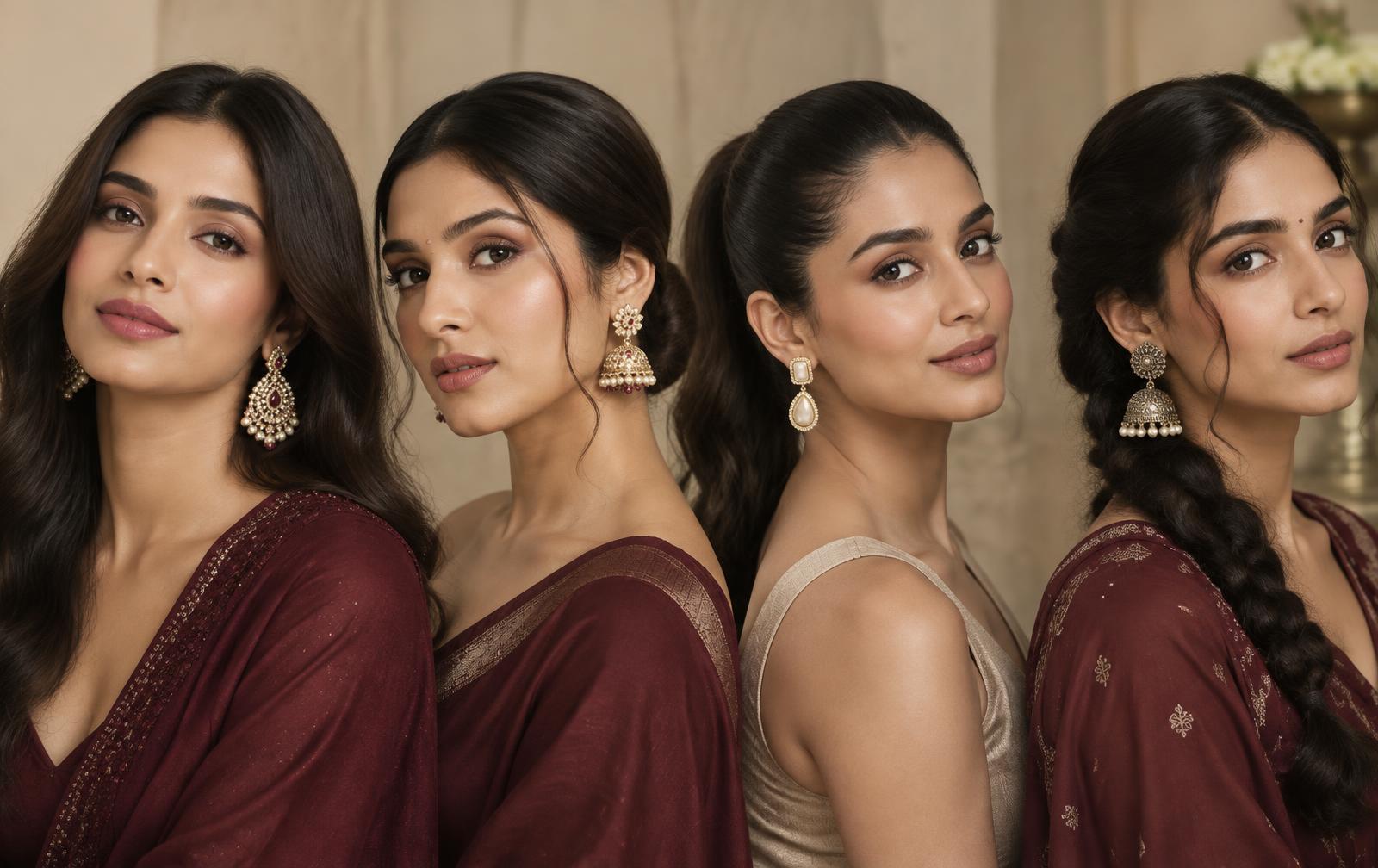 Four women wearing fashion earrings with open hair, a bun, a ponytail and a braid