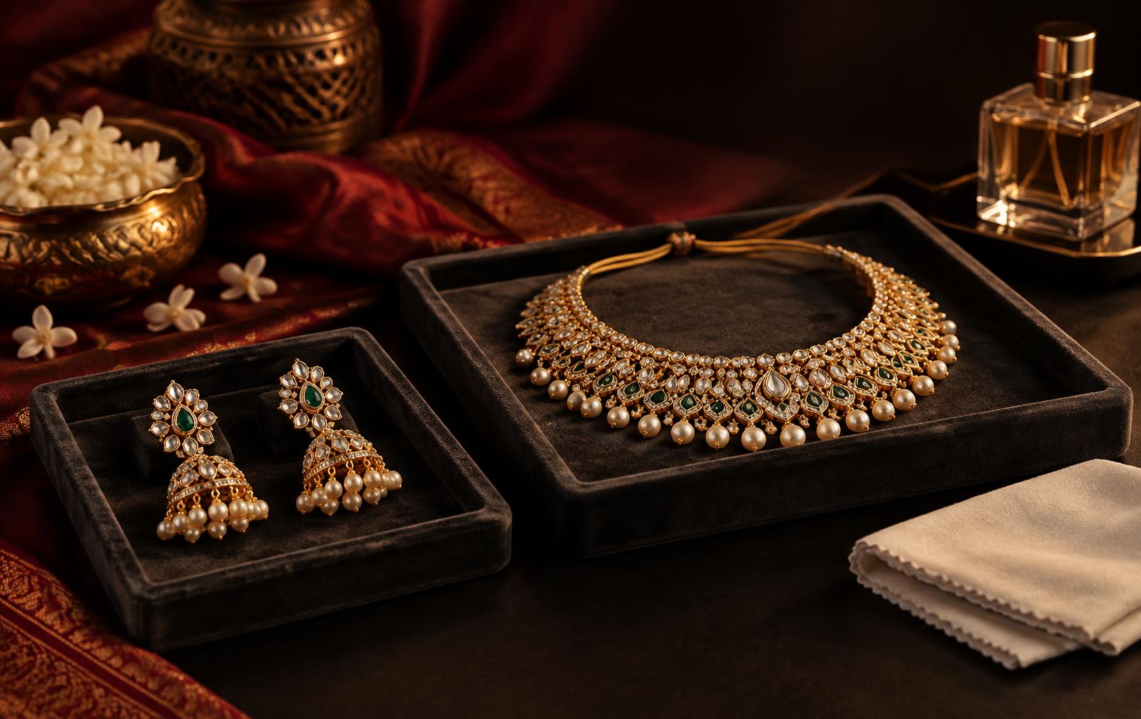 Fashion necklace and earrings arranged on separate velvet trays beside a soft cleaning cloth