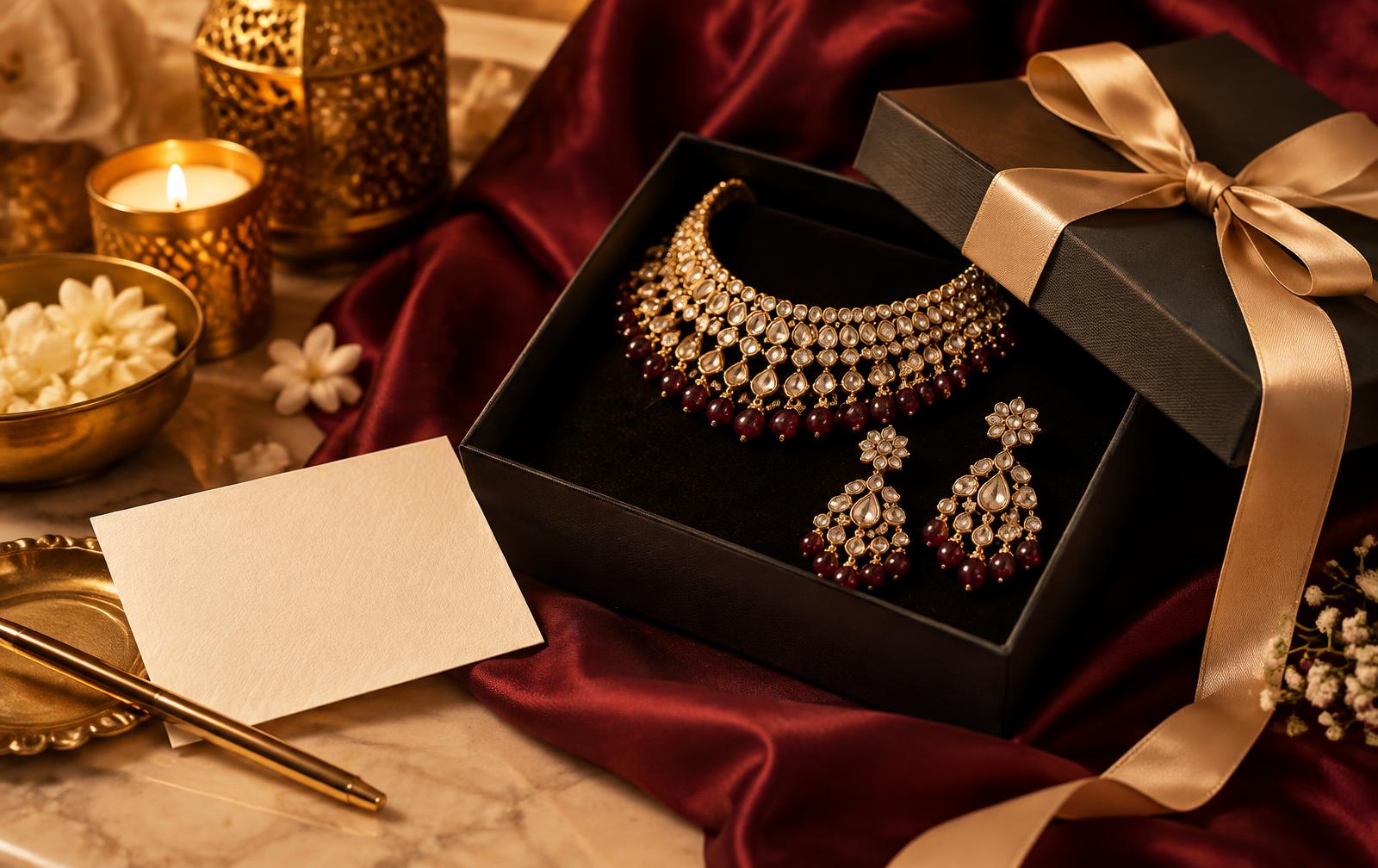 Jewellery arranged inside a black gift box with champagne ribbon and a blank card