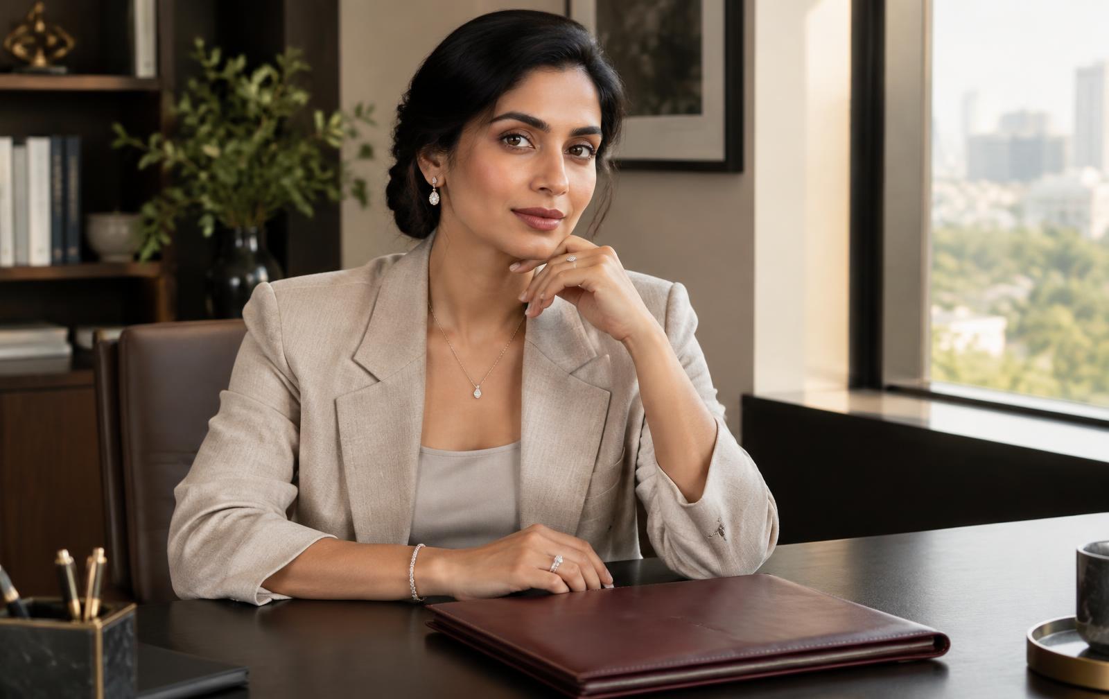 Professional woman in neutral workwear styled with small earrings, a fine necklace, bracelet and ring