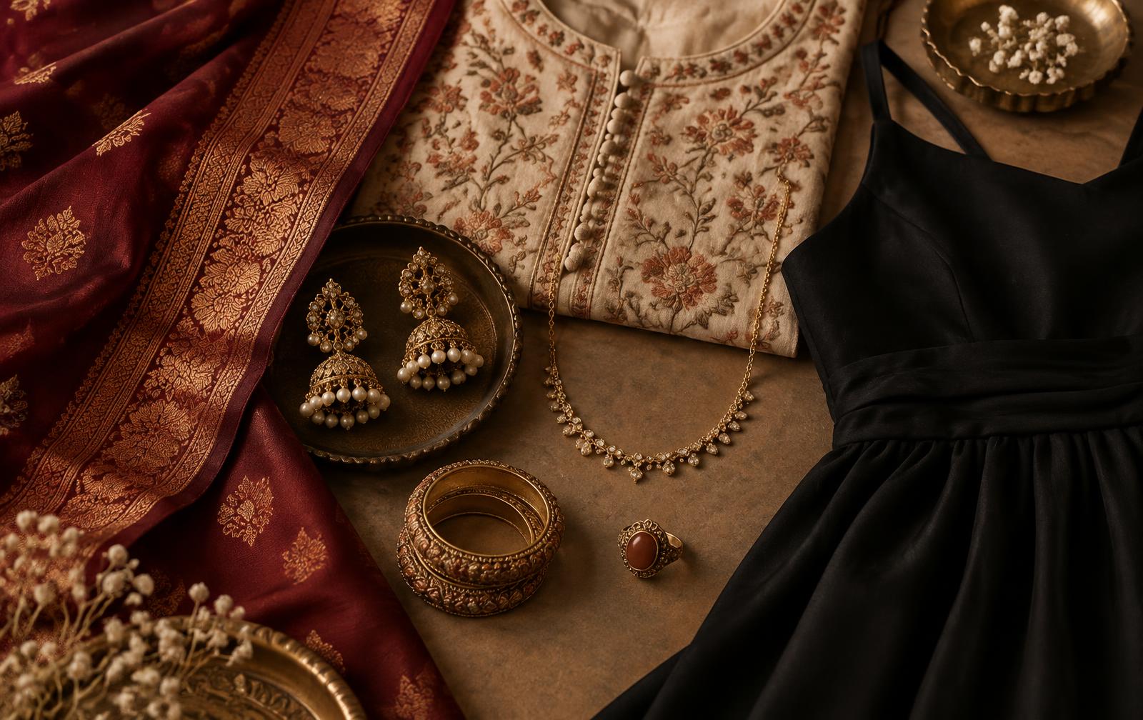 Fashion jewellery styled with a maroon saree, embroidered kurti and black western dress
