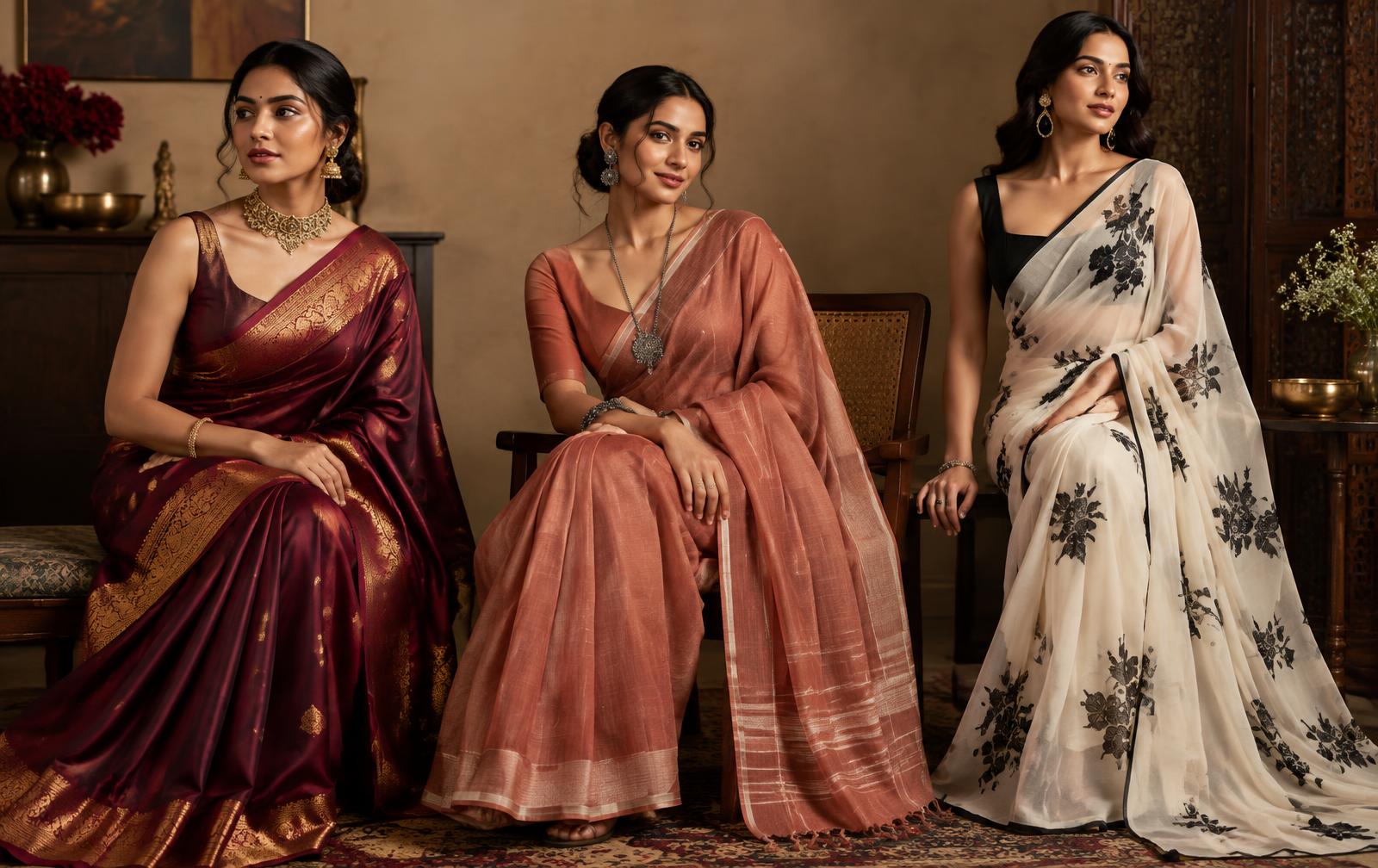 Women in silk, cotton and contemporary lightweight sarees styled with different fashion jewellery