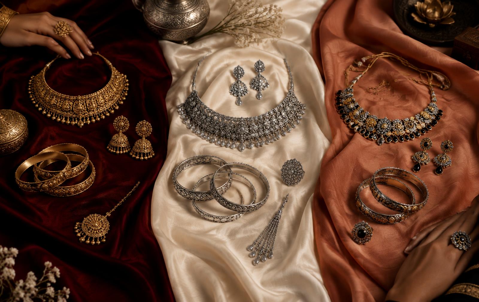 Gold-tone, silver-tone and mixed-tone fashion jewellery arranged across maroon, ivory and terracotta fabrics