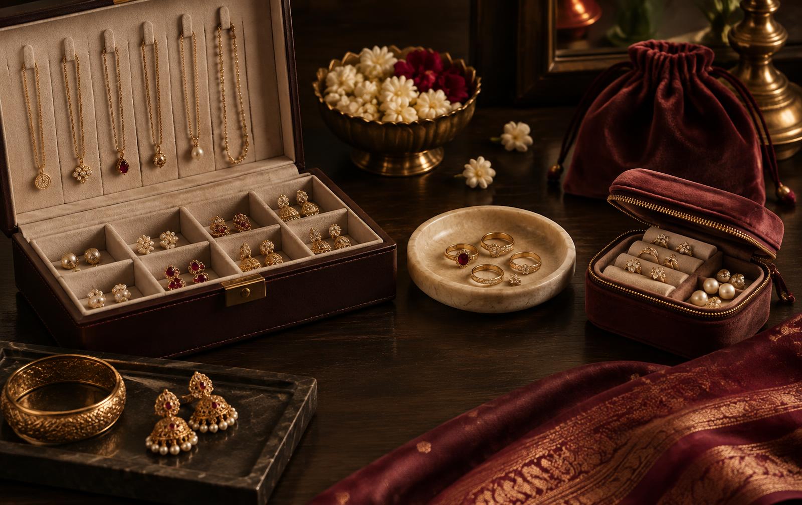 Organised jewellery box with separate chain hooks, earring compartments and a travel pouch