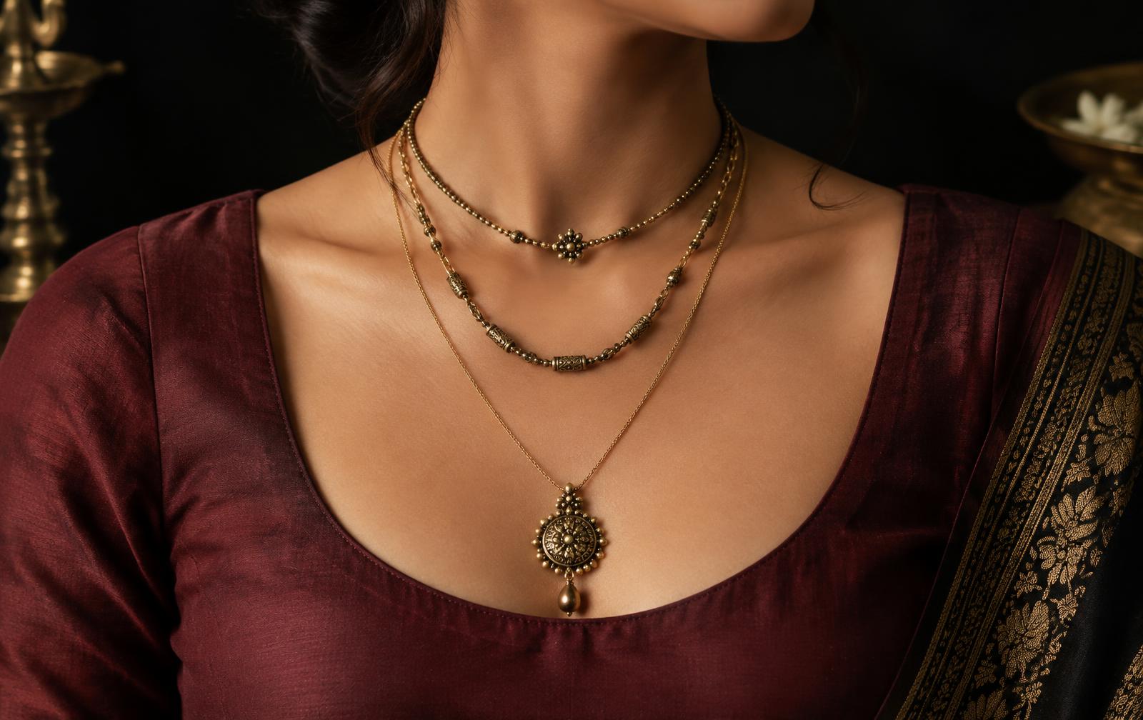 Three antique-brass-tone fashion necklaces layered at distinct lengths over a maroon blouse