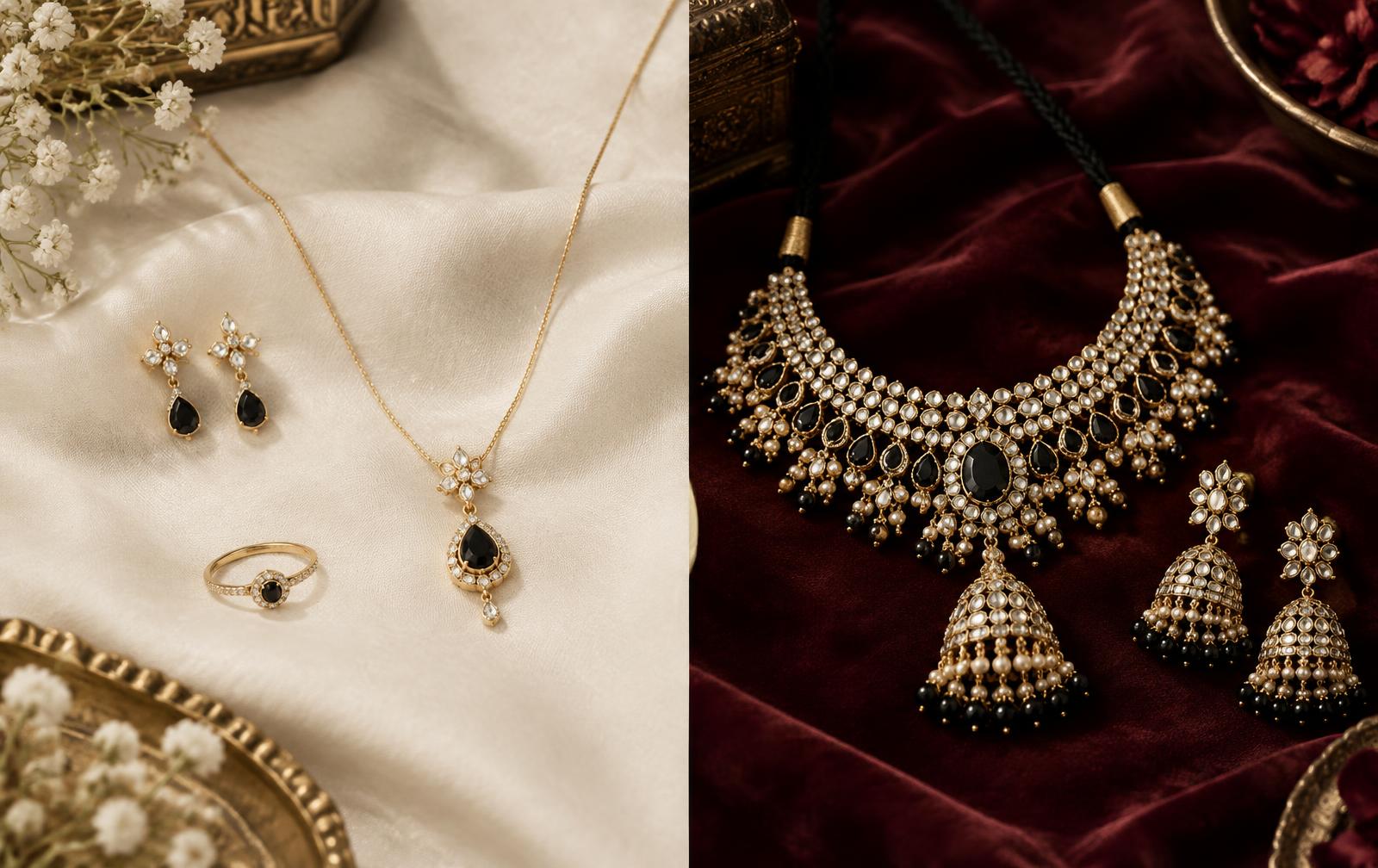 Minimal fashion jewellery on ivory fabric beside bold statement jewellery on deep maroon velvet