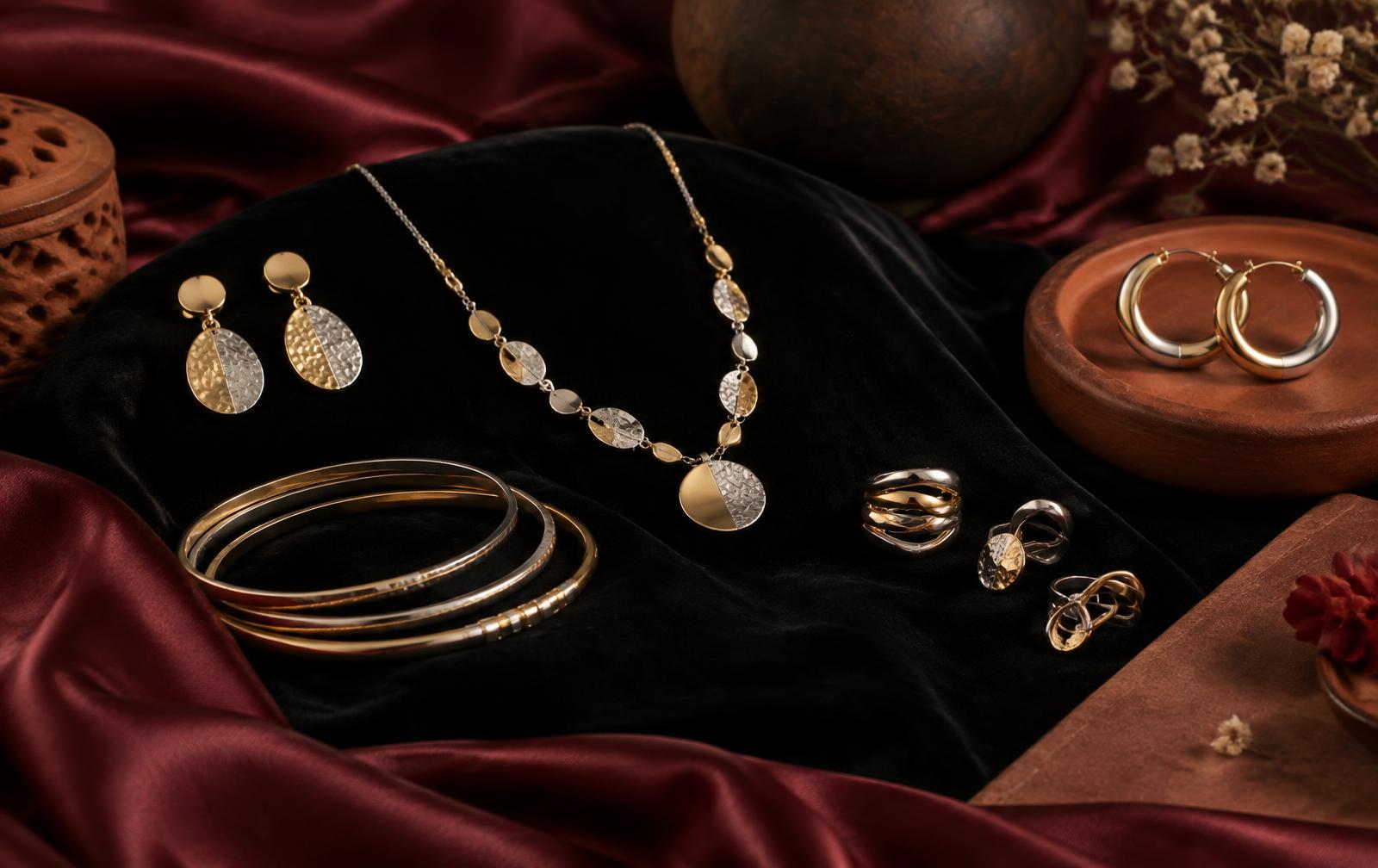Gold-tone and silver-tone fashion earrings, necklace, bangles and rings styled together on black velvet