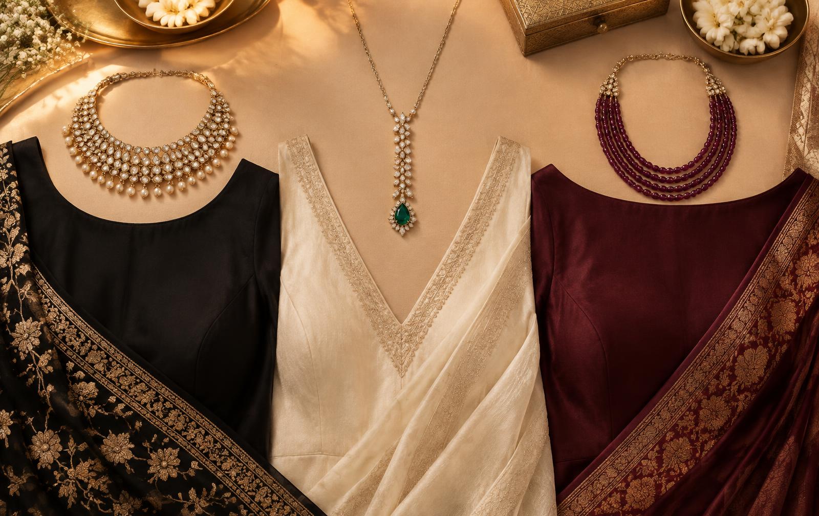 Three fashion necklaces paired with round, V and boat neck garments