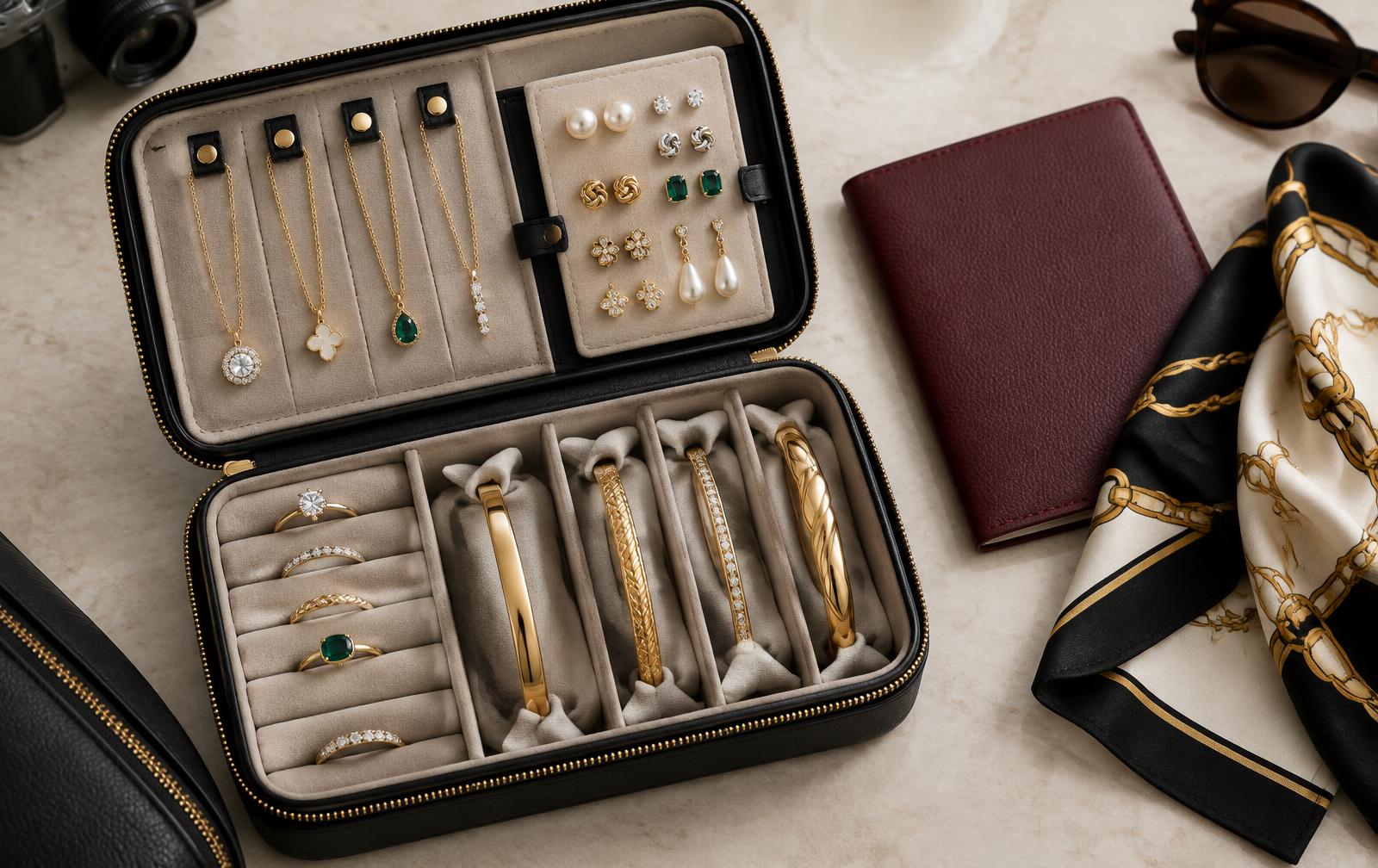 Fashion necklaces, earrings, rings and bangles organised in a compact travel jewellery case