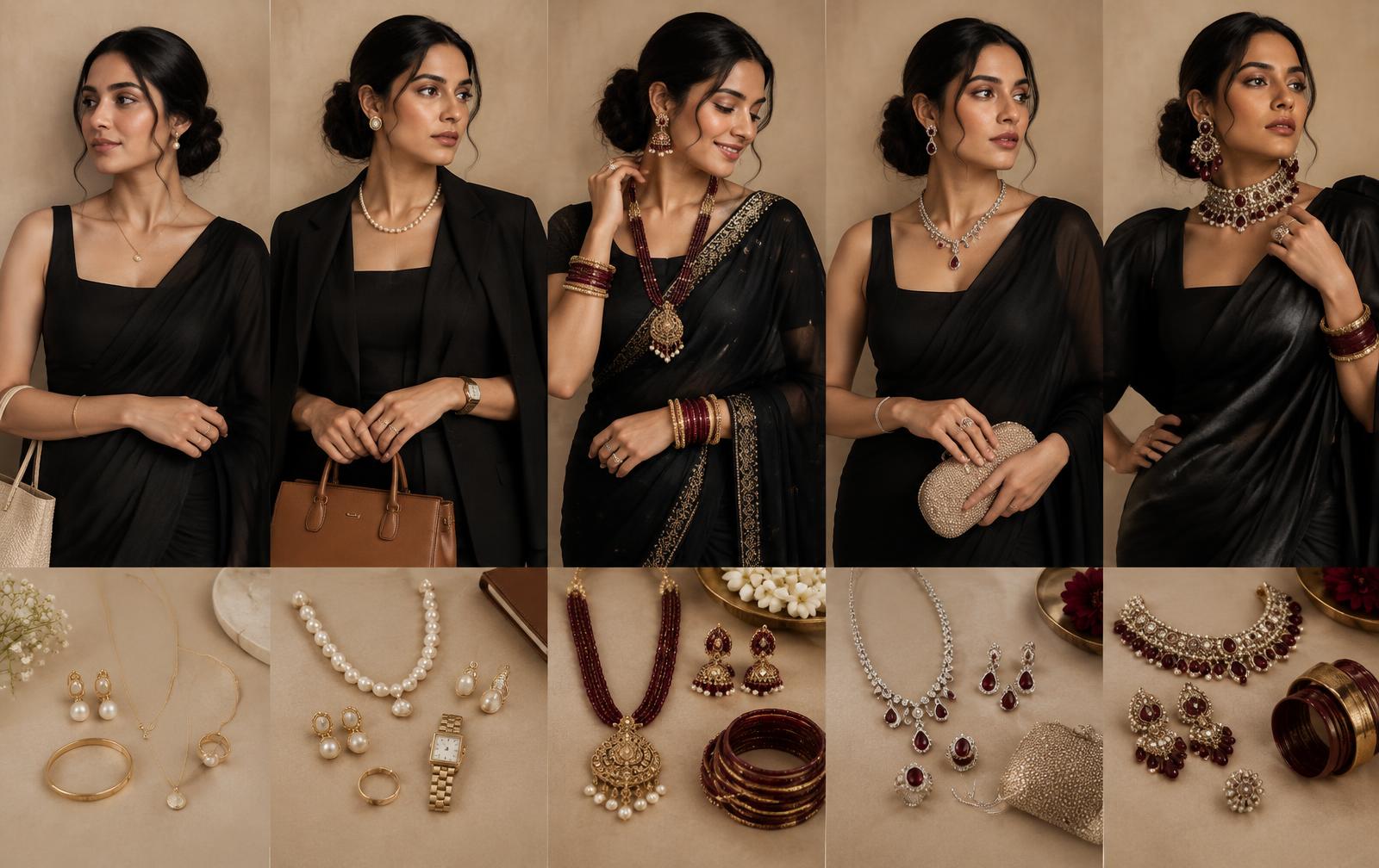The same black outfit styled five ways with daytime, office, festive, evening and statement fashion jewellery