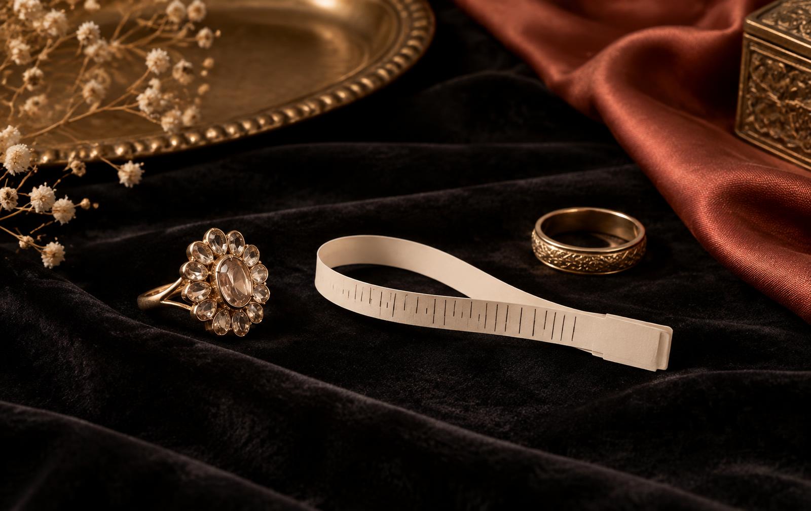 Fashion rings arranged beside a slim paper measuring strip on black velvet
