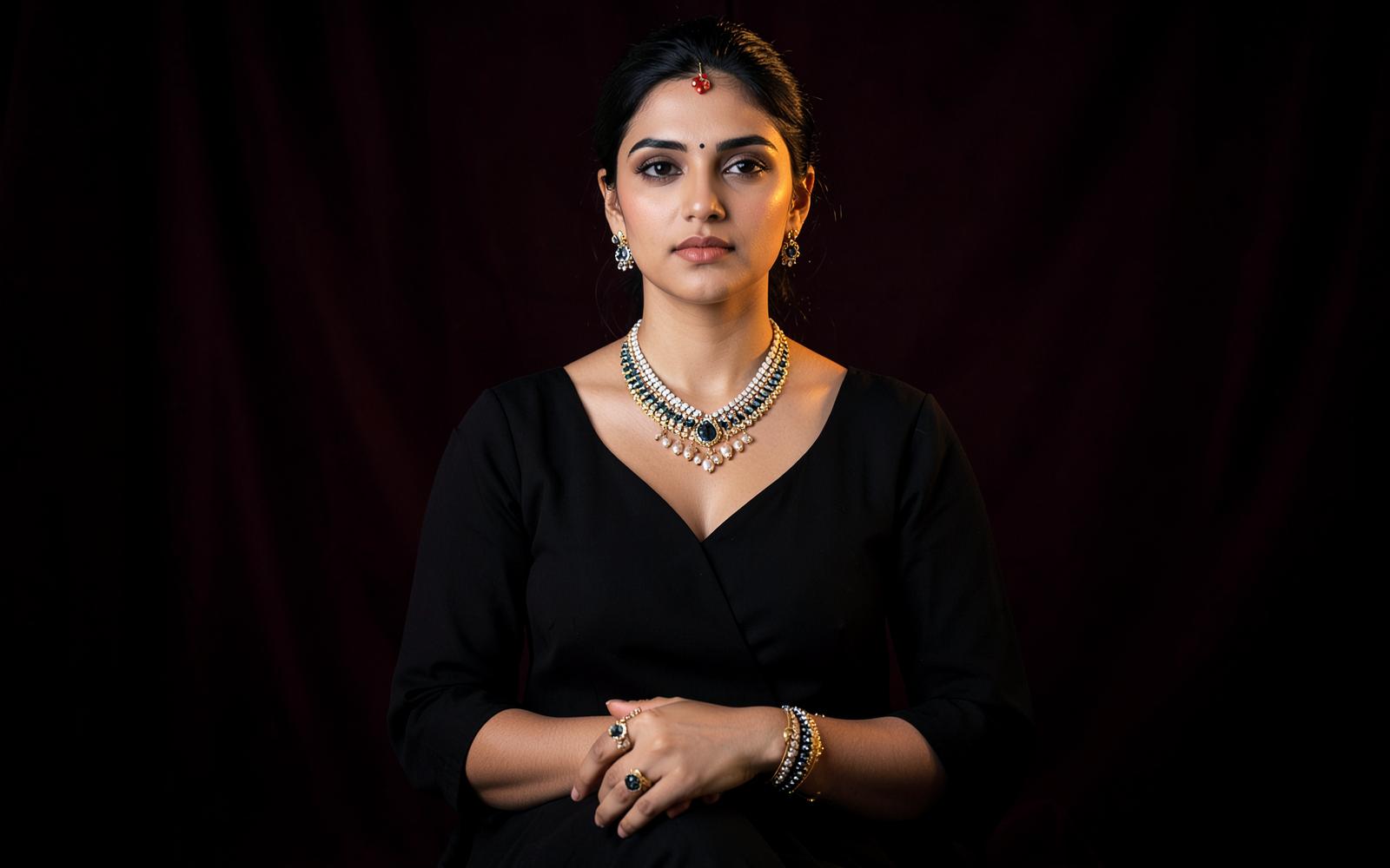 Woman in a black outfit styled with a statement necklace and restrained complementary jewellery