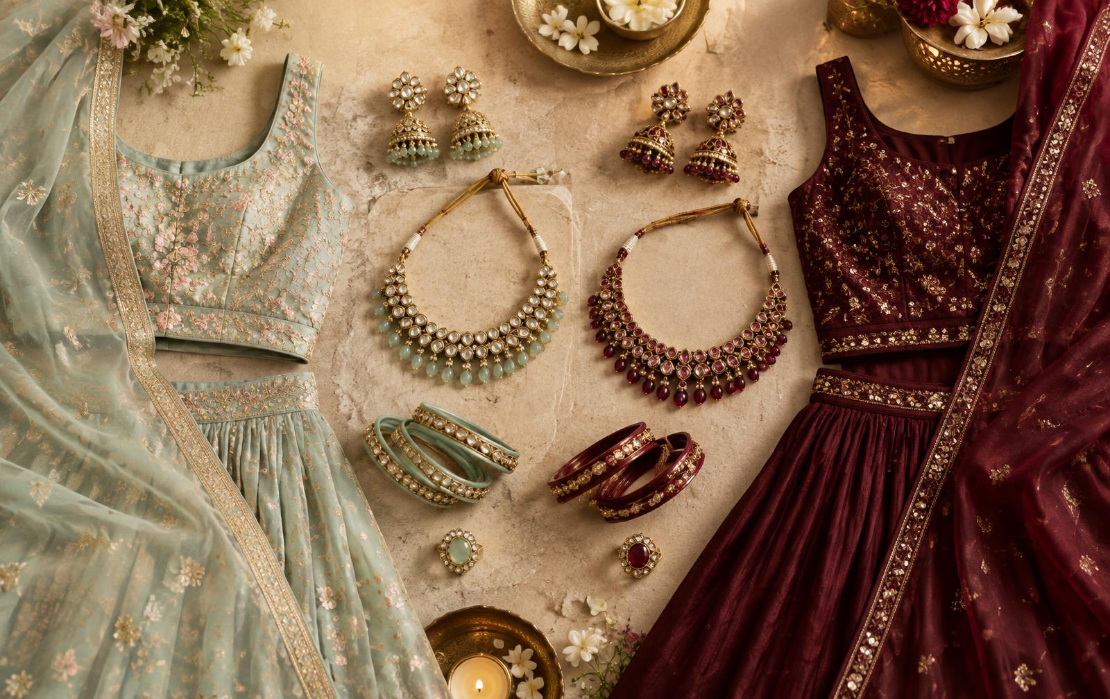 Day and evening Indian wedding guest outfits arranged with jhumkas, necklaces, bangles and rings